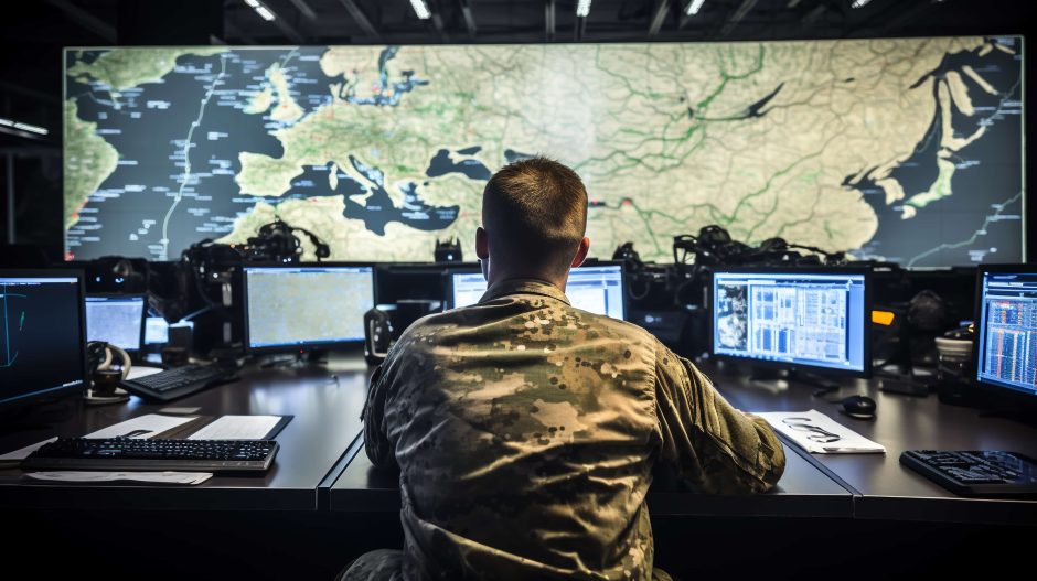 MilitaryMan Viewing Multiple Computer Screens in front of a map for New JADC2 Legislation Aims to Rapidly Prototype Cutting-Edge Technology.